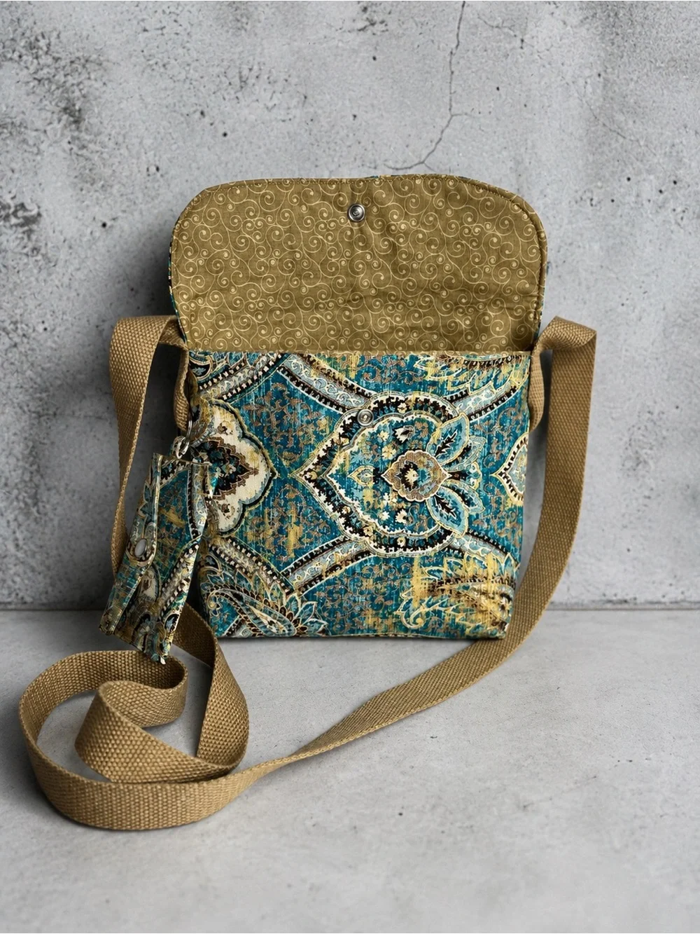 Handmade Crossbody Bag With Matching Card Wallet Keychain Boho Paisley Purse